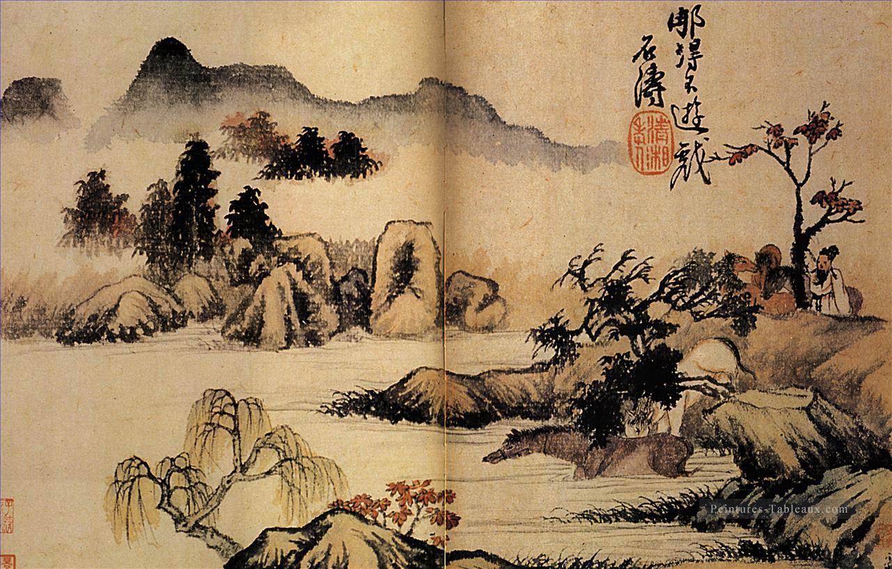 Shitao bain chevaux 1699 vieux Chine encre Peintures à l'huile